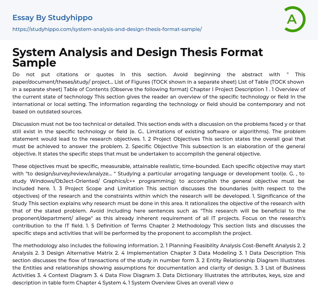 System Analysis and Design Thesis Format Sample Essay Example