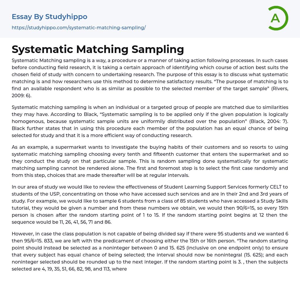 Systematic Matching Sampling Essay Example