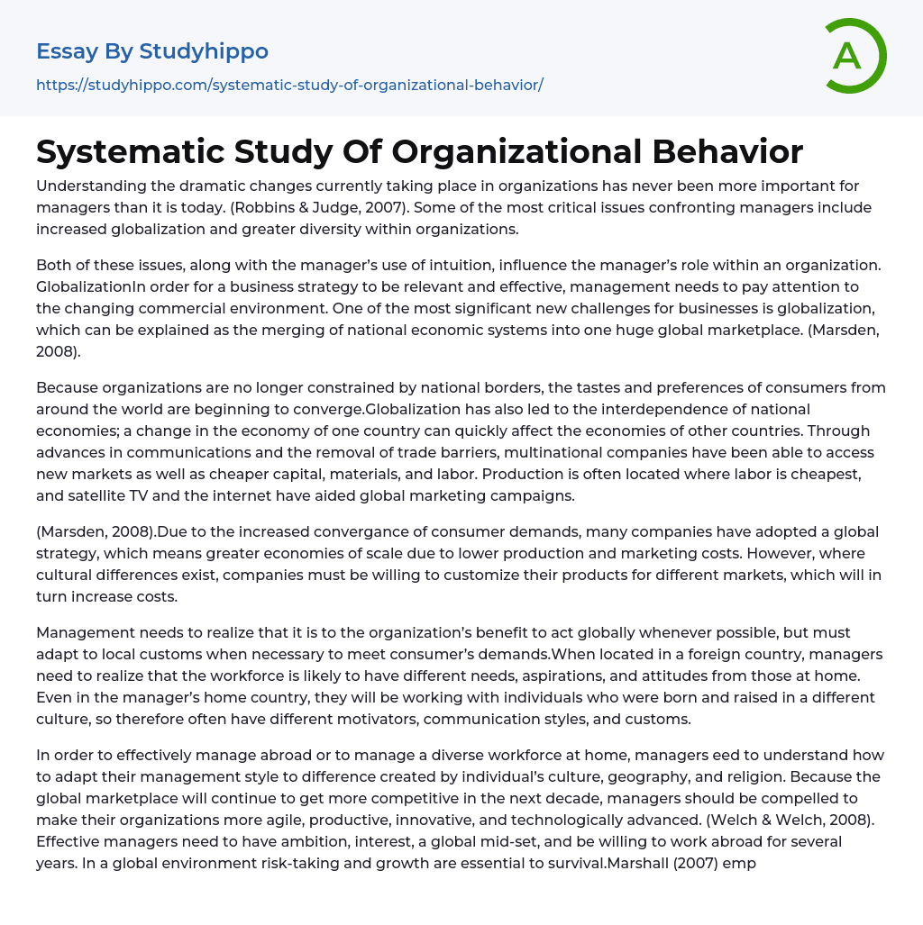 Systematic Study Of Organizational Behavior Essay Example
