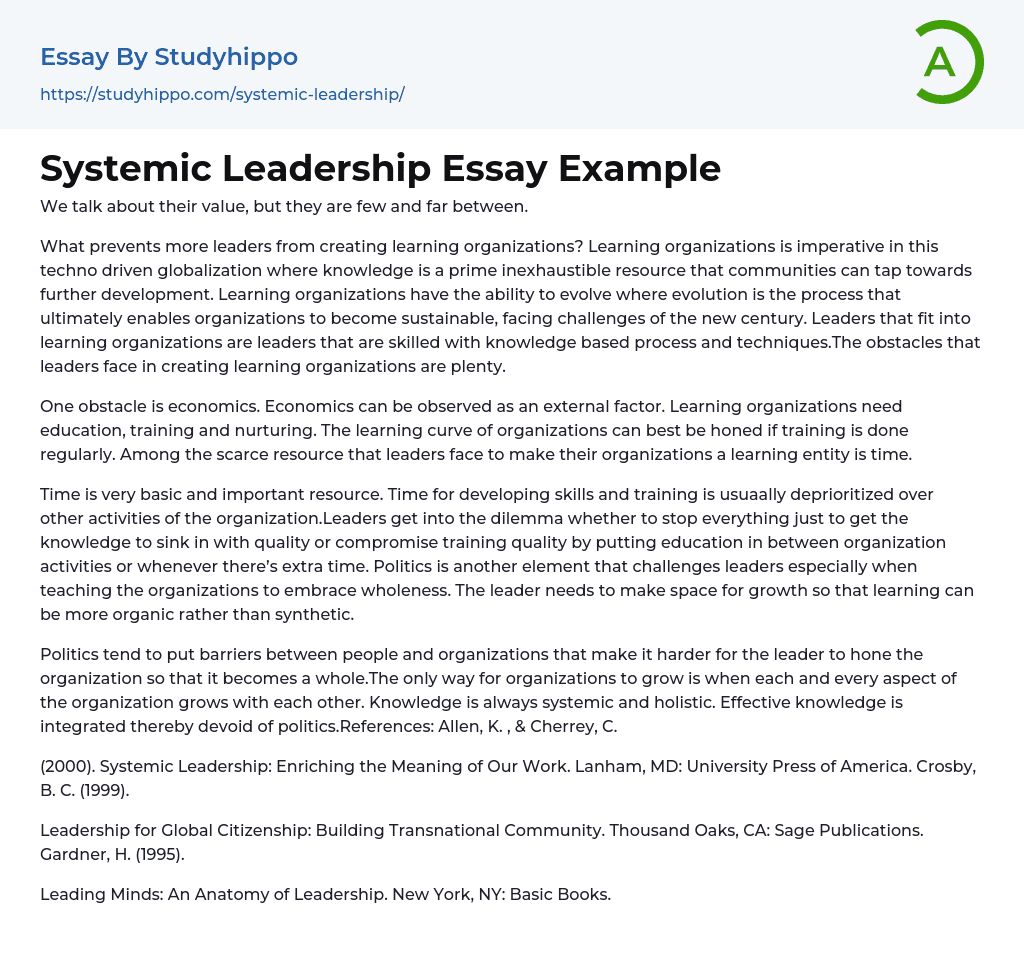 Systemic Leadership Essay Example