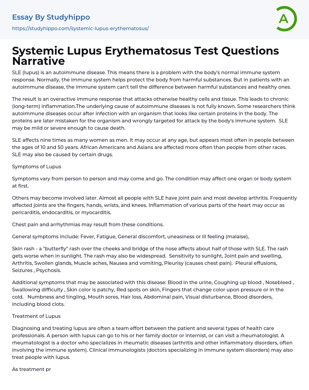 Systemic Lupus Erythematosus Test Questions Narrative Essay Example