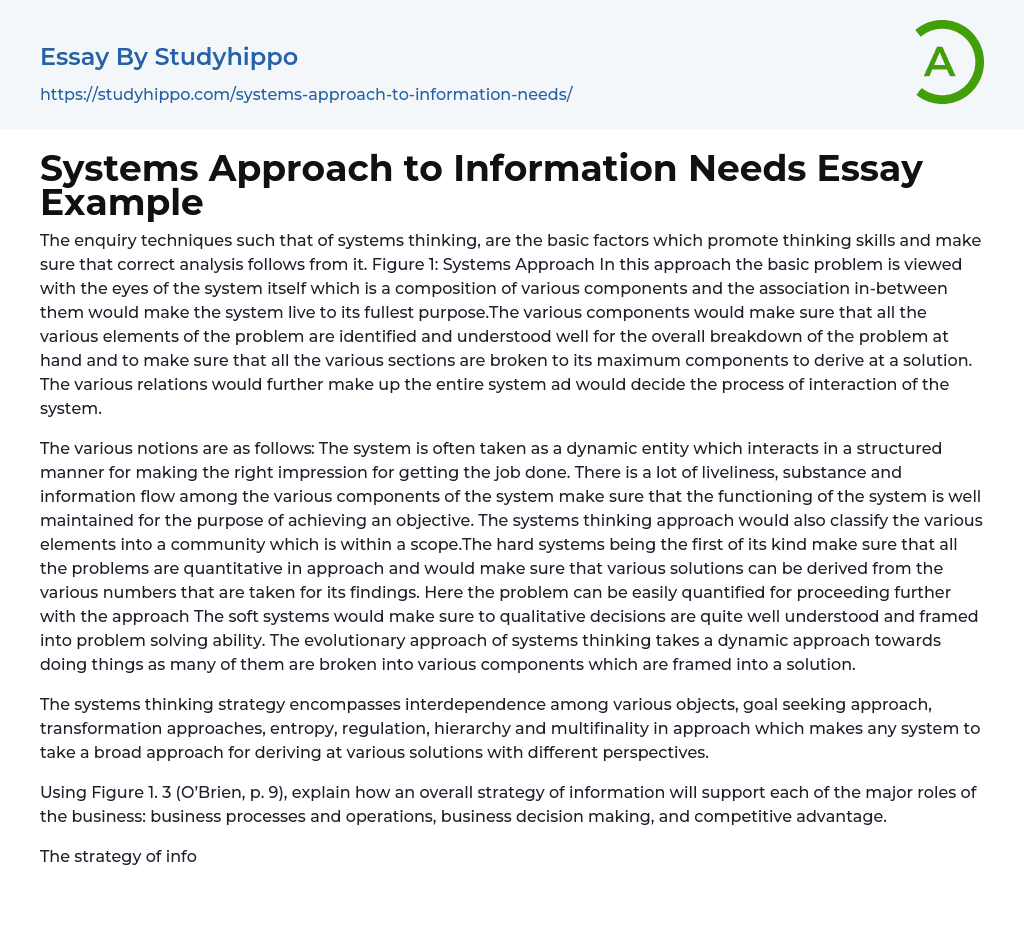 Systems Approach to Information Needs Essay Example