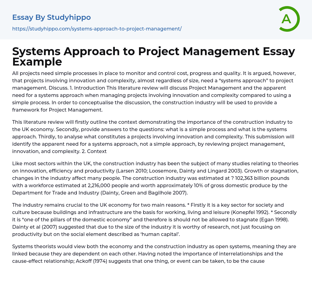 Systems Approach to Project Management Essay Example