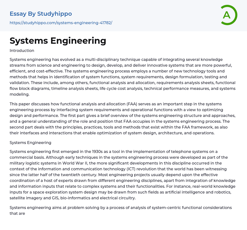 Systems Engineering Essay Example