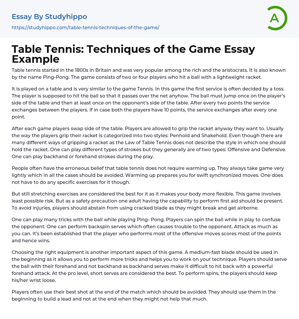Table Tennis: Techniques of the Game Essay Example