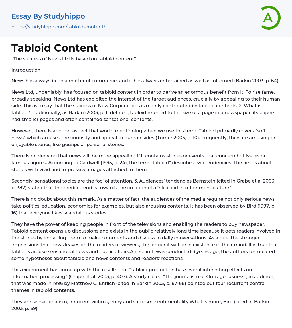 Tabloid Content Essay Example