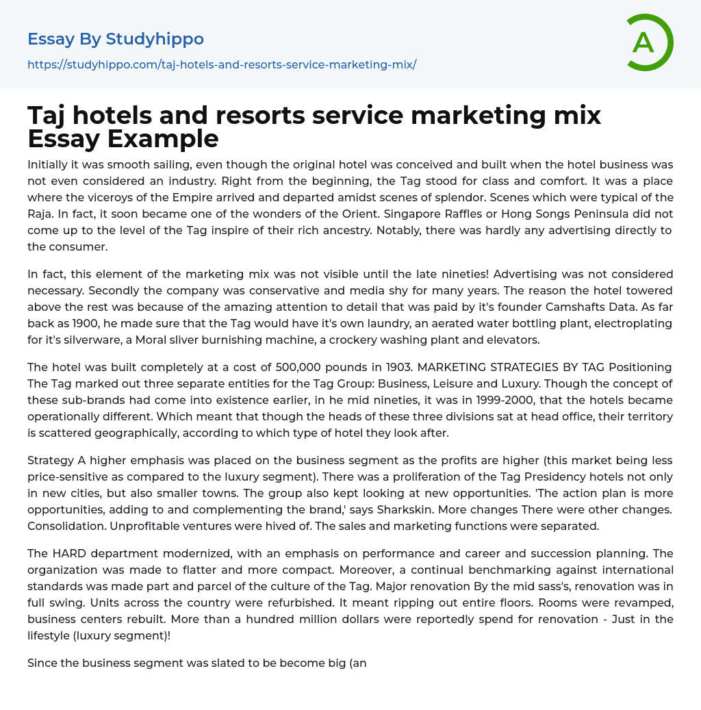 Taj hotels and resorts service marketing mix Essay Example
