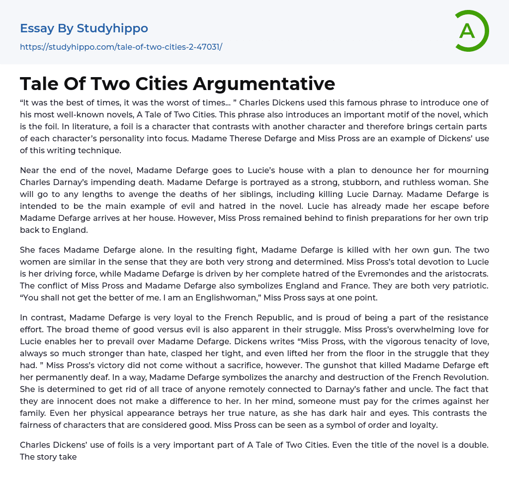 Tale Of Two Cities Argumentative Essay Example