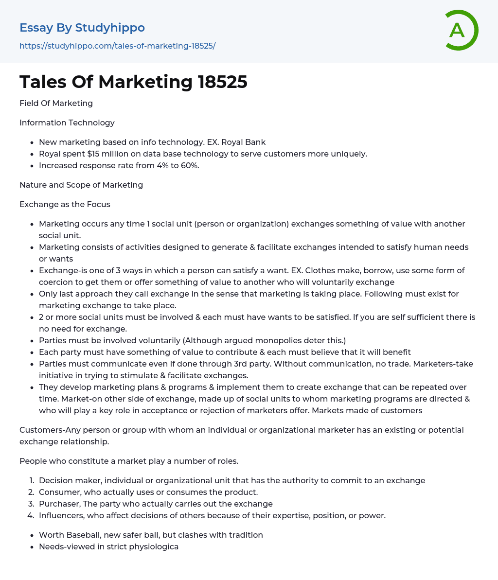 Tales Of Marketing 18525 Essay Example