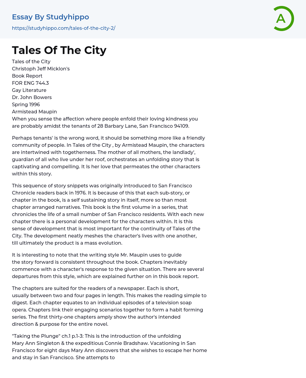 Book Report Tales Of The City Essay Example