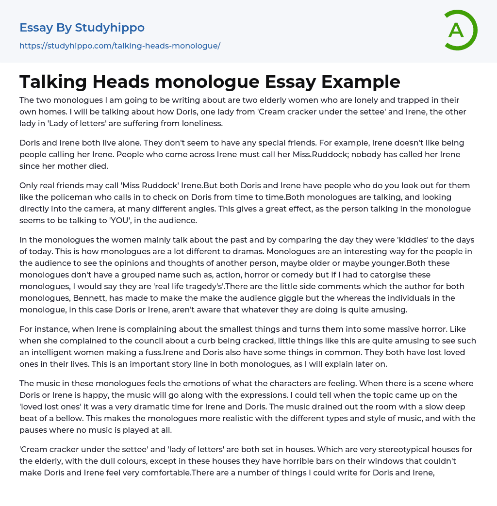 Talking Heads monologue Essay Example