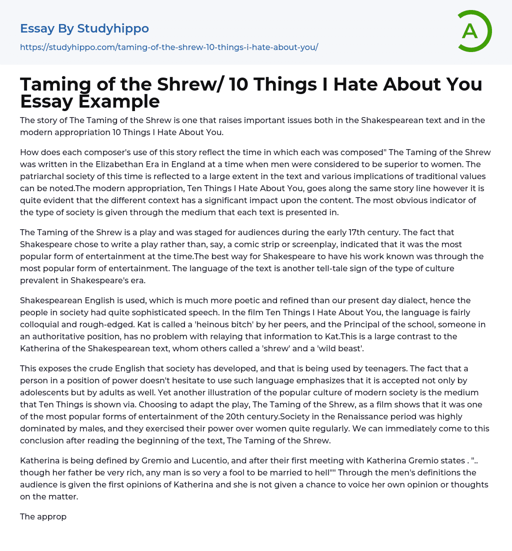 Taming of the Shrew/ 10 Things I Hate About You Essay Example