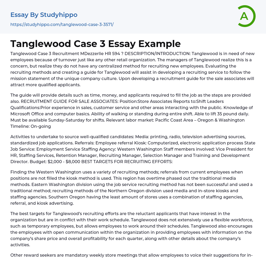 Tanglewood Case 3 Essay Example