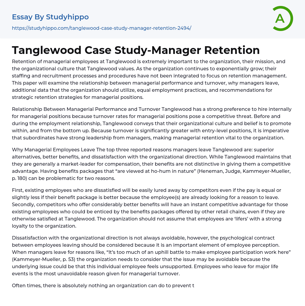 Tanglewood Case Study-Manager Retention Essay Example