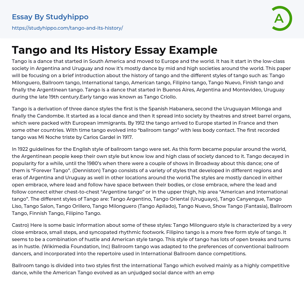Tango and Its History Essay Example