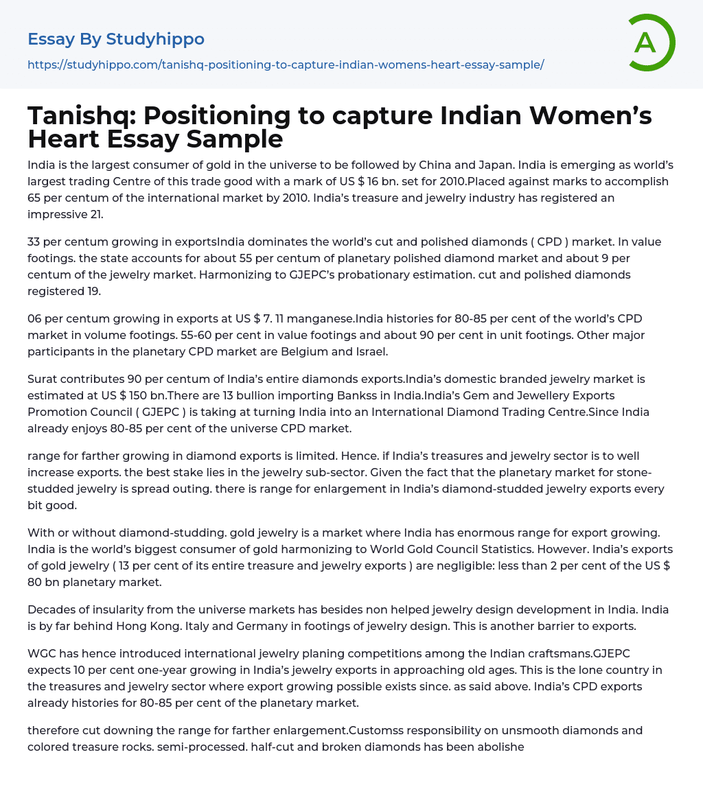 Tanishq: Positioning to capture Indian Women’s Heart Essay Sample