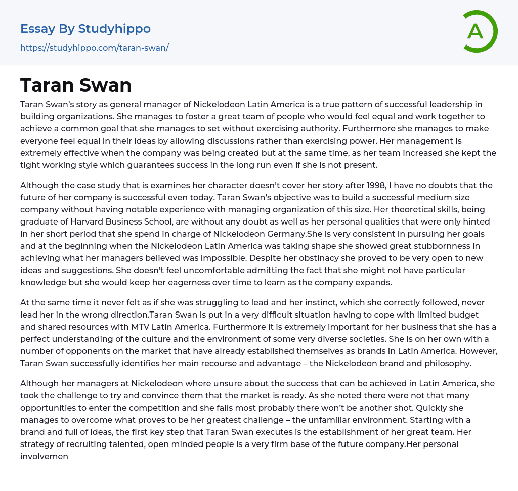 Taran Swan Essay Example