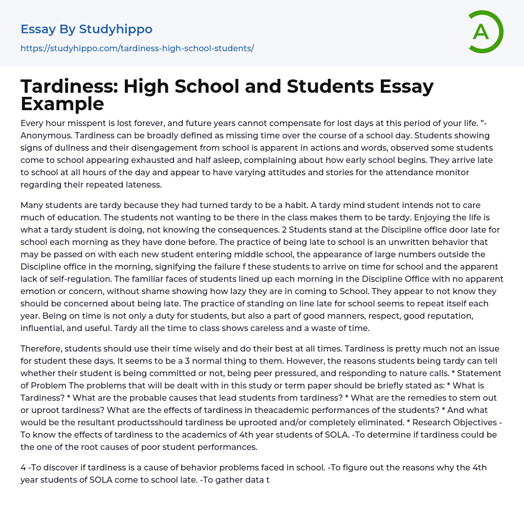 Tardiness: High School and Students Essay Example