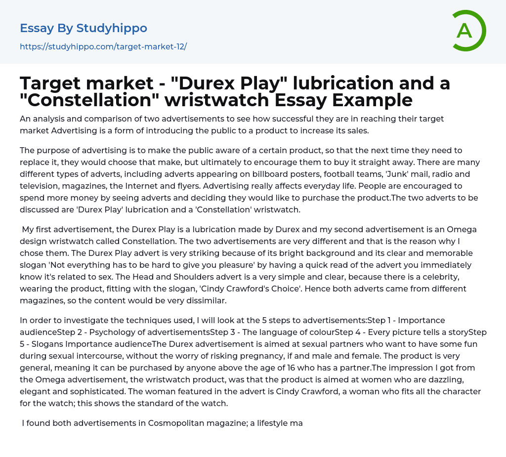 Target market – “Durex Play” lubrication and a “Constellation” wristwatch Essay Example