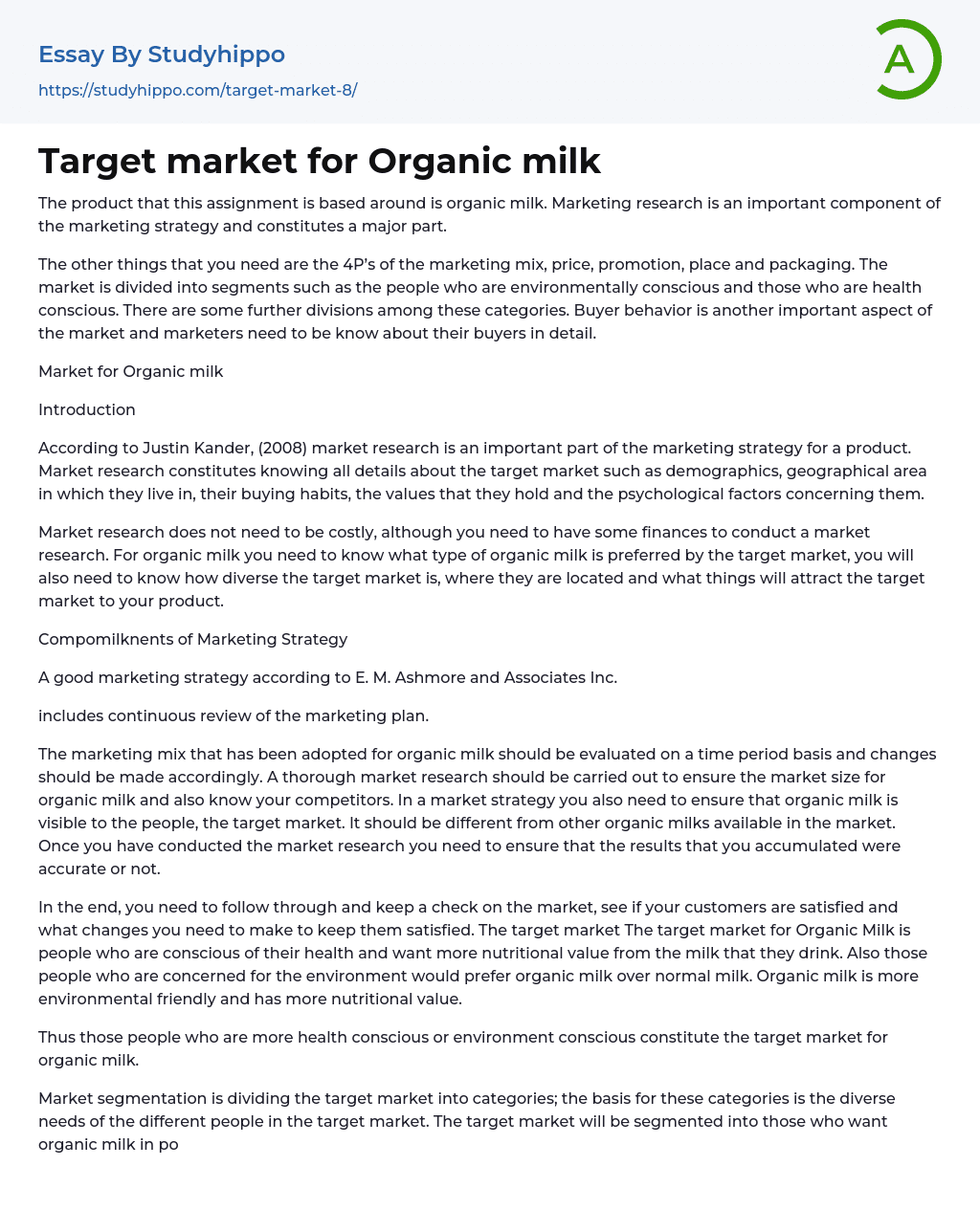 Target market for Organic milk Essay Example