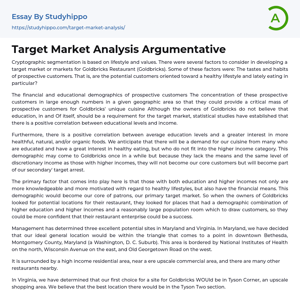 Target Market Analysis Argumentative Essay Example
