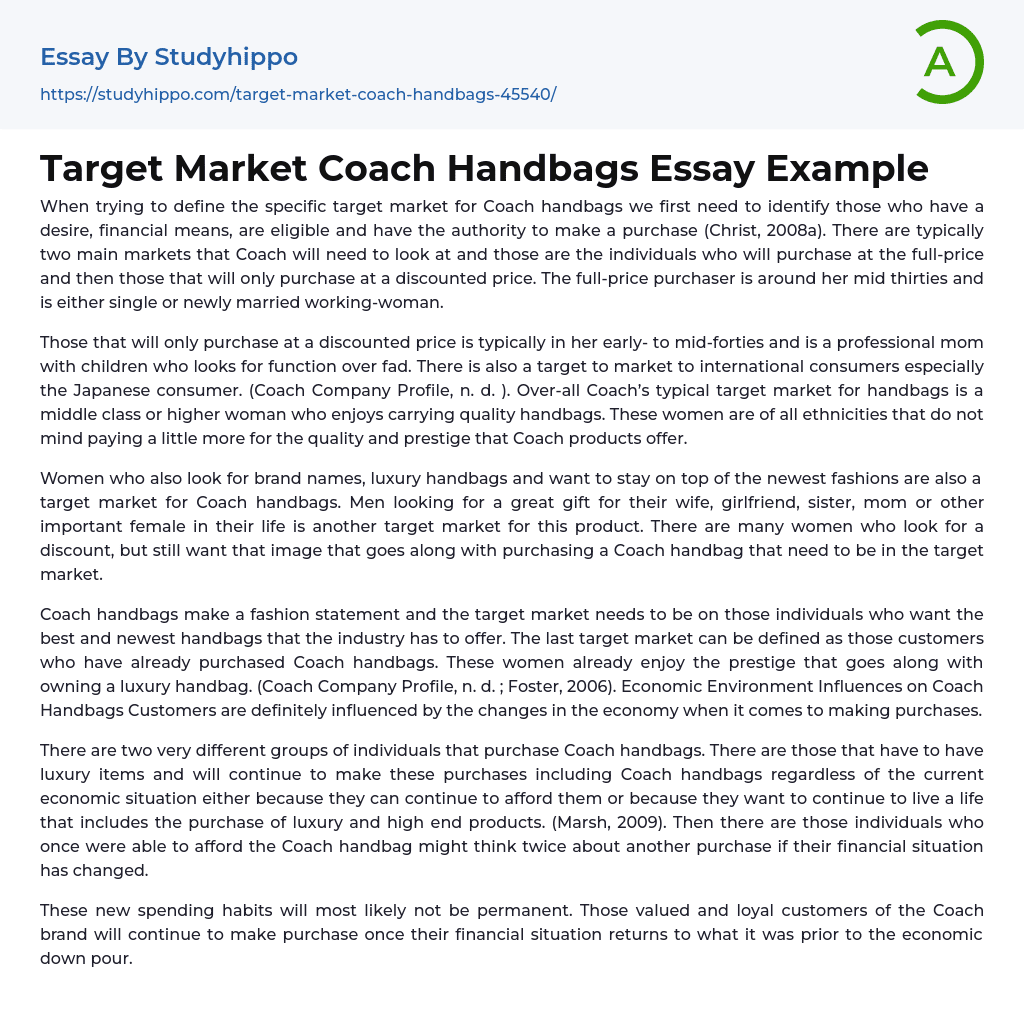 Target Market Coach Handbags Essay Example