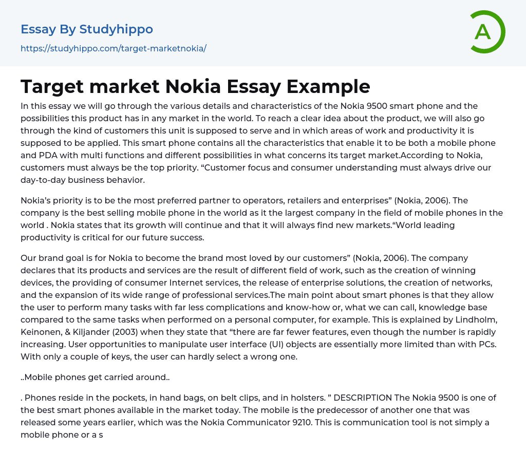 Target market Nokia Essay Example