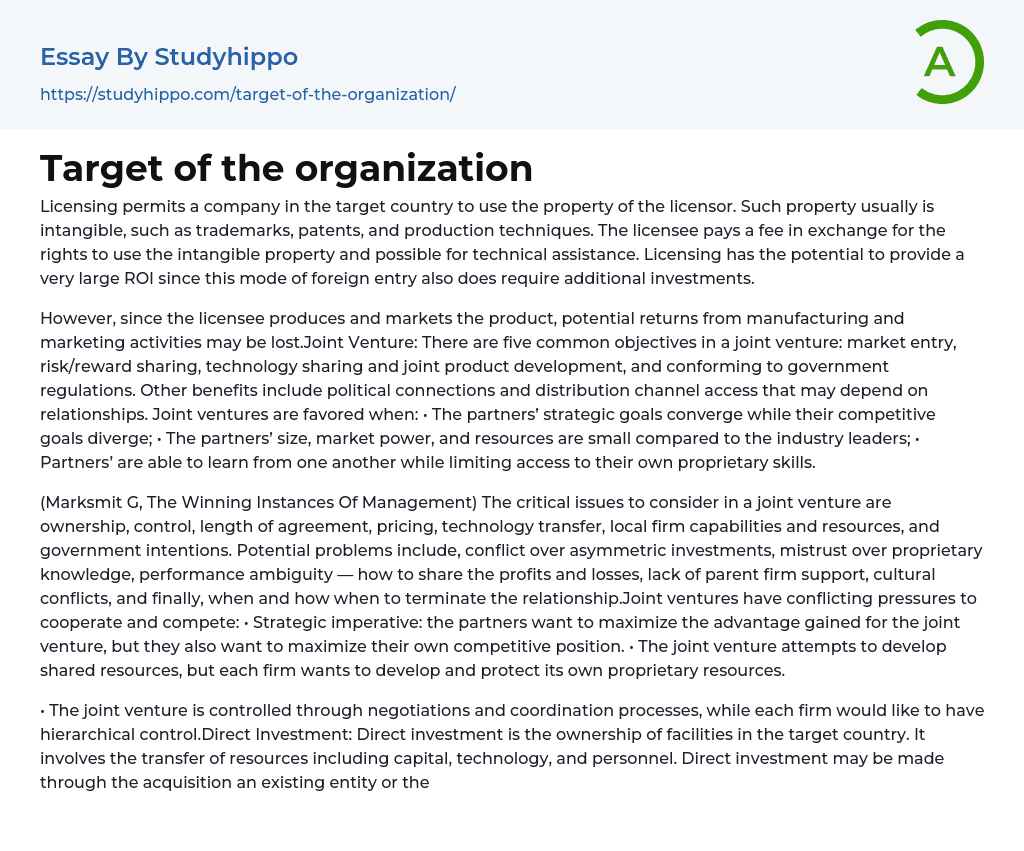 Target of the organization Essay Example