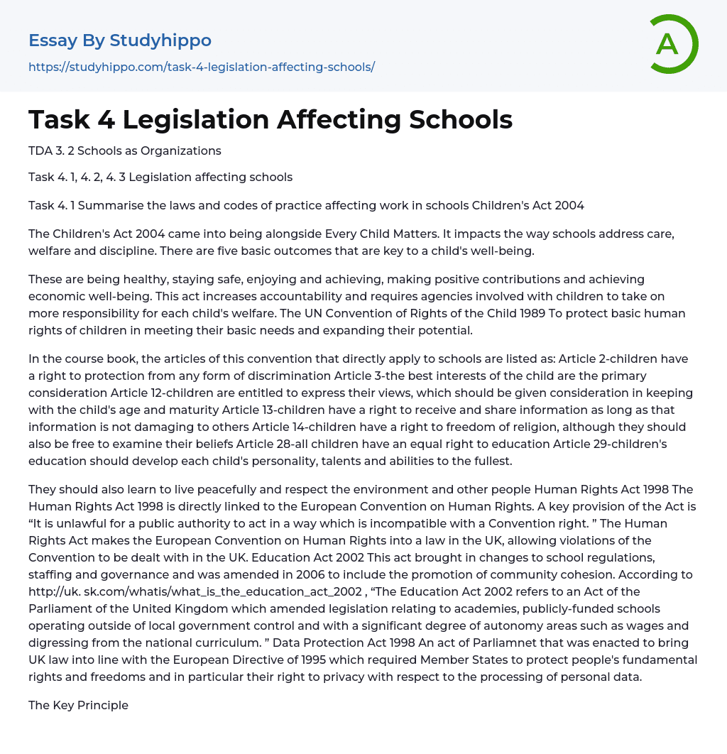 Legislation Affecting Schools Essay Example