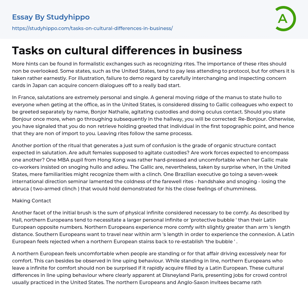 Tasks on cultural differences in business Essay Example