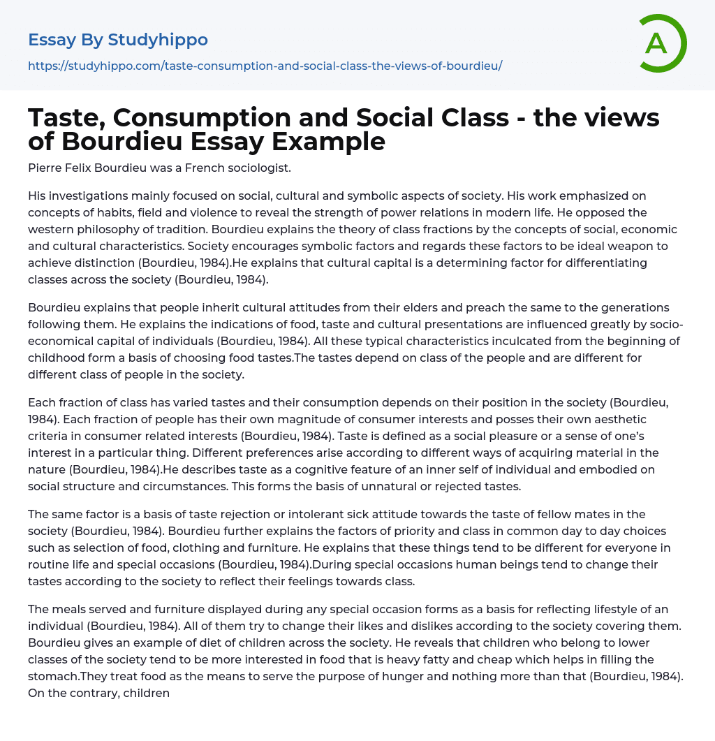 Taste, Consumption and Social Class – the views of Bourdieu Essay Example
