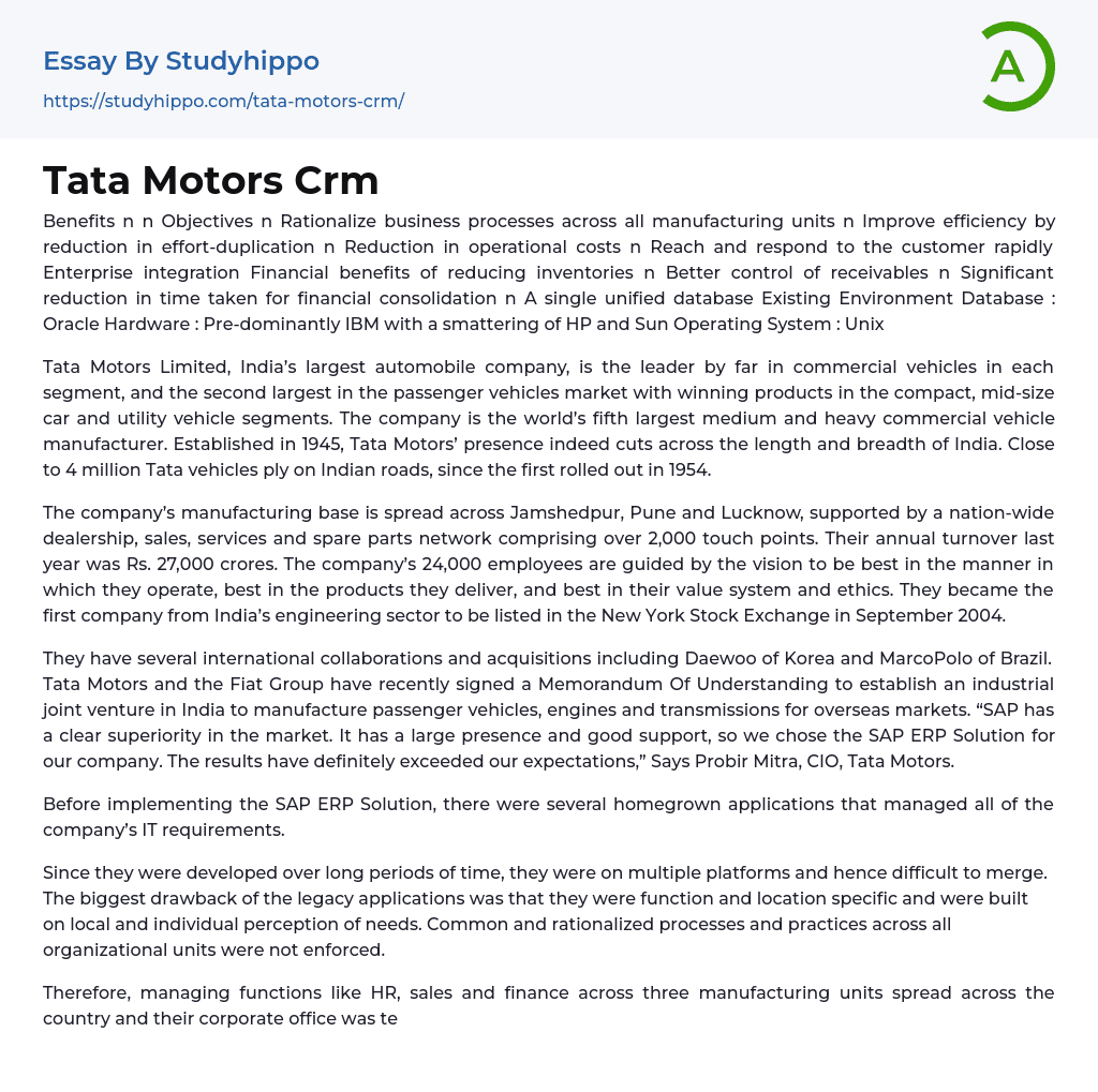 Tata Motors Crm Essay Example