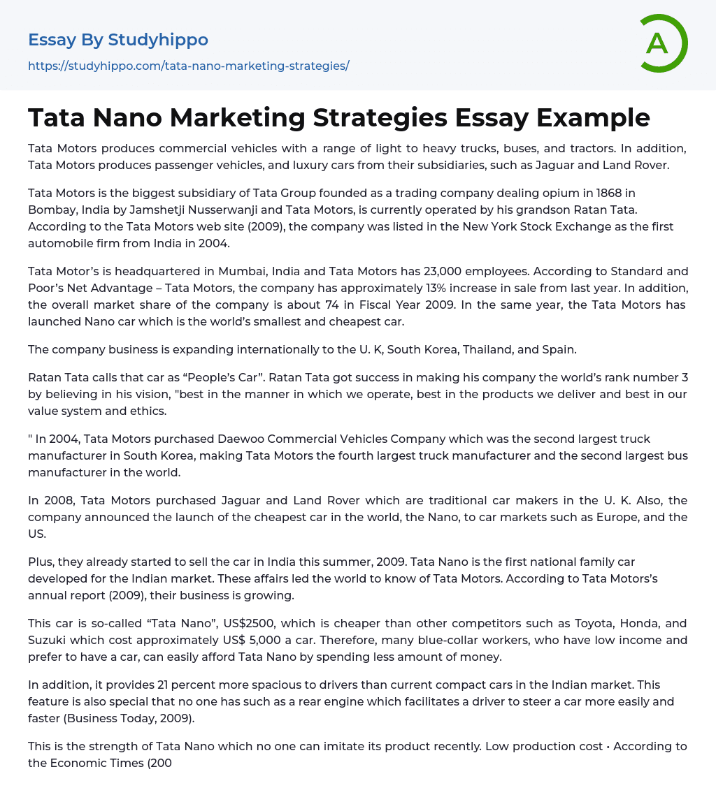 Tata Nano Marketing Strategies Essay Example