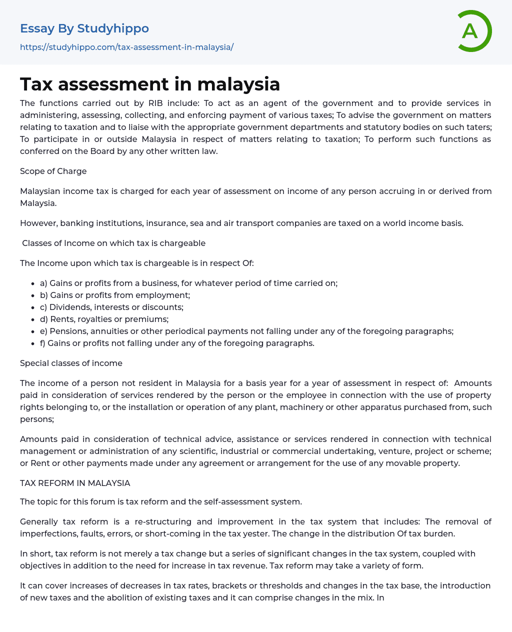 Tax assessment in malaysia Essay Example