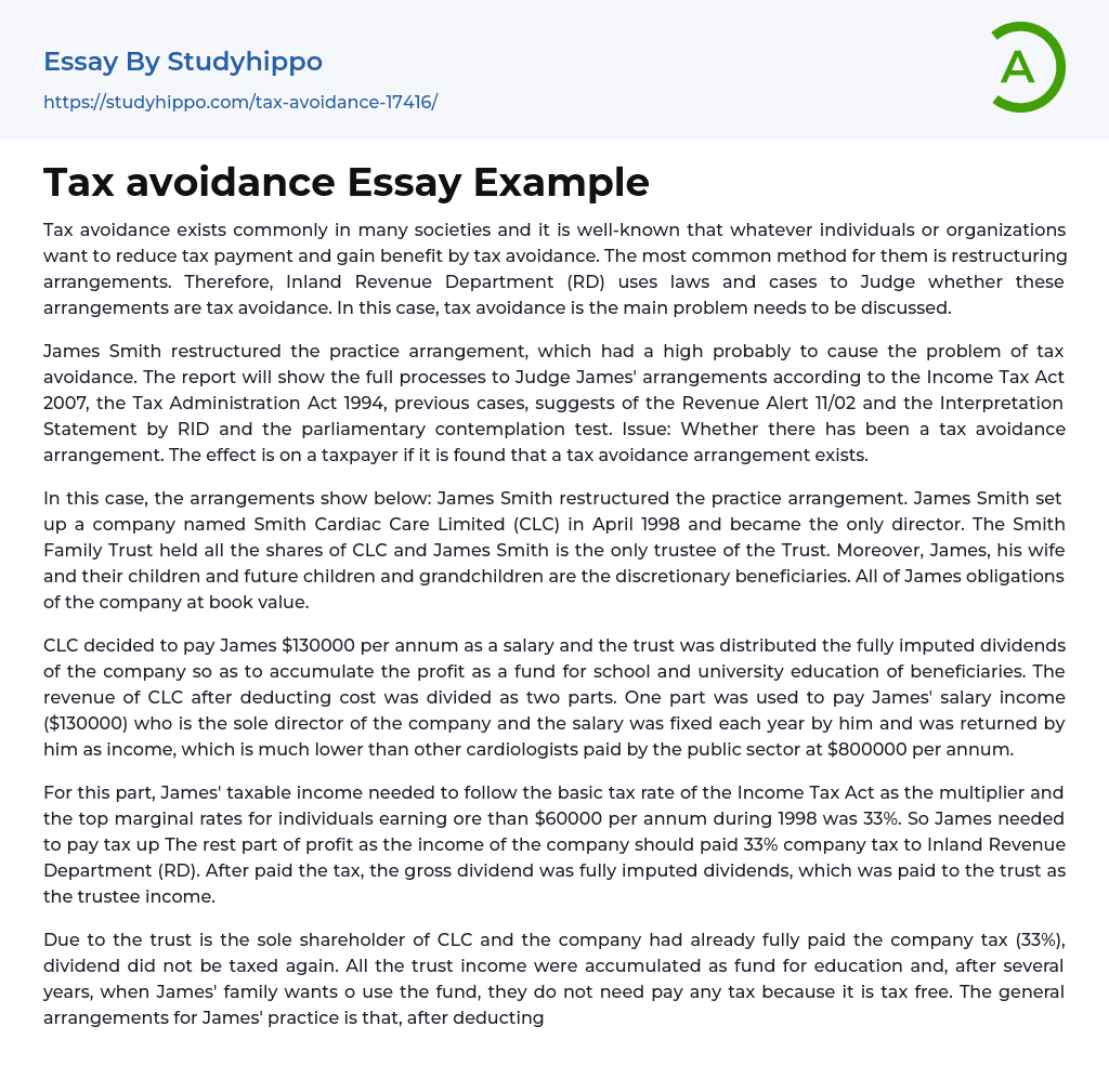 Tax avoidance Essay Example