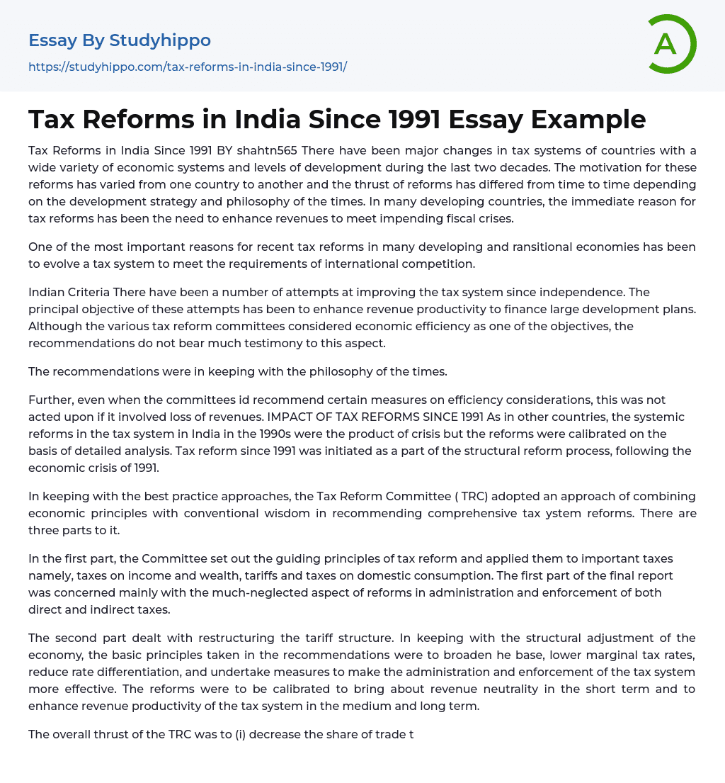 Tax Reforms in India Since 1991 Essay Example