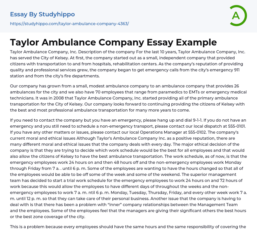 Taylor Ambulance Company Essay Example