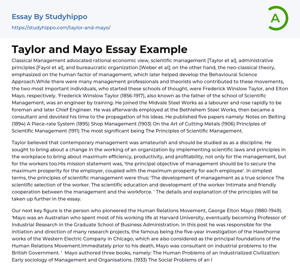Taylor and Mayo Essay Example