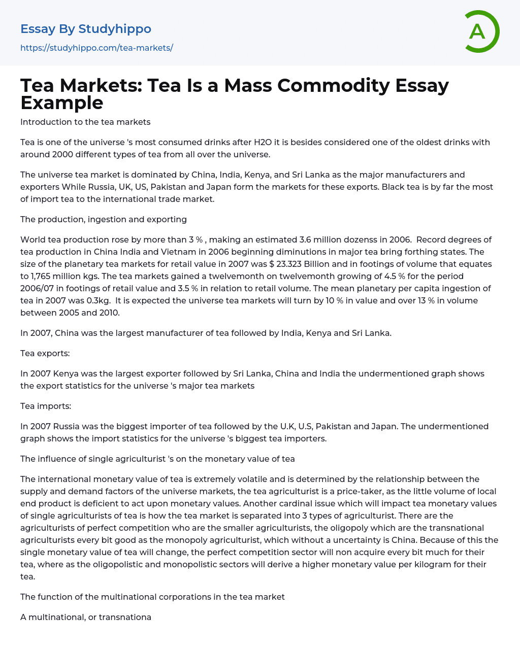 Tea Markets: Tea Is a Mass Commodity Essay Example