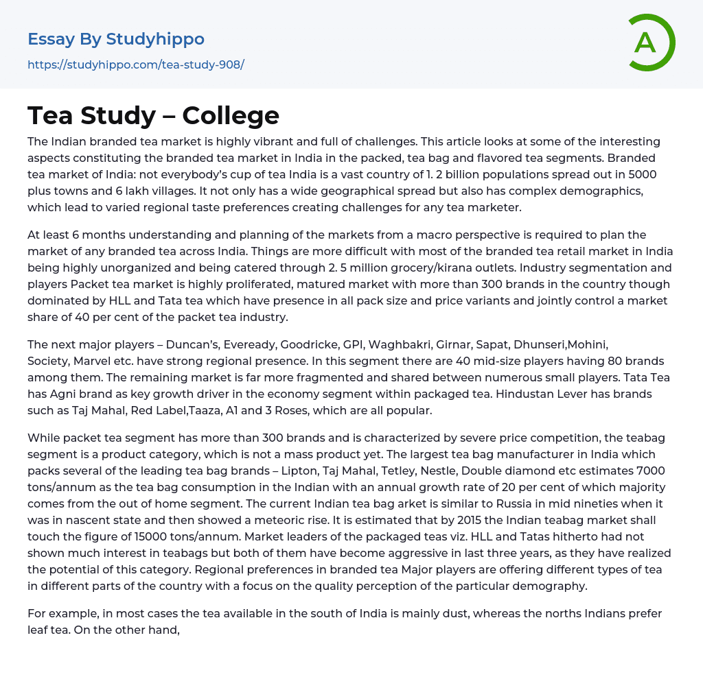 Tea Study – College Essay Example