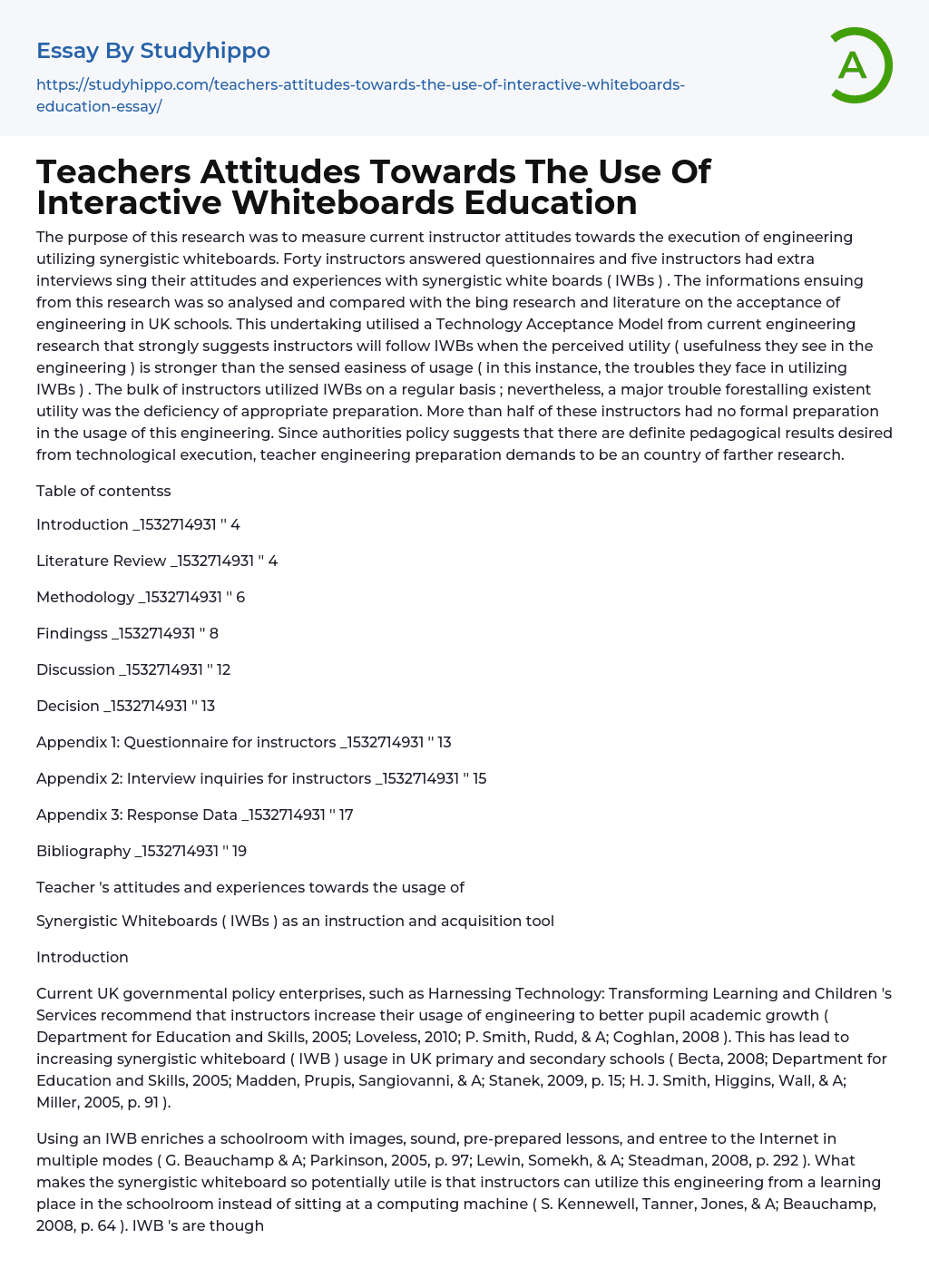 Teachers Attitudes Towards The Use Of Interactive Whiteboards Education Essay Example