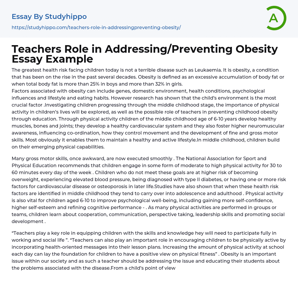 Teachers Role in Addressing/Preventing Obesity Essay Example