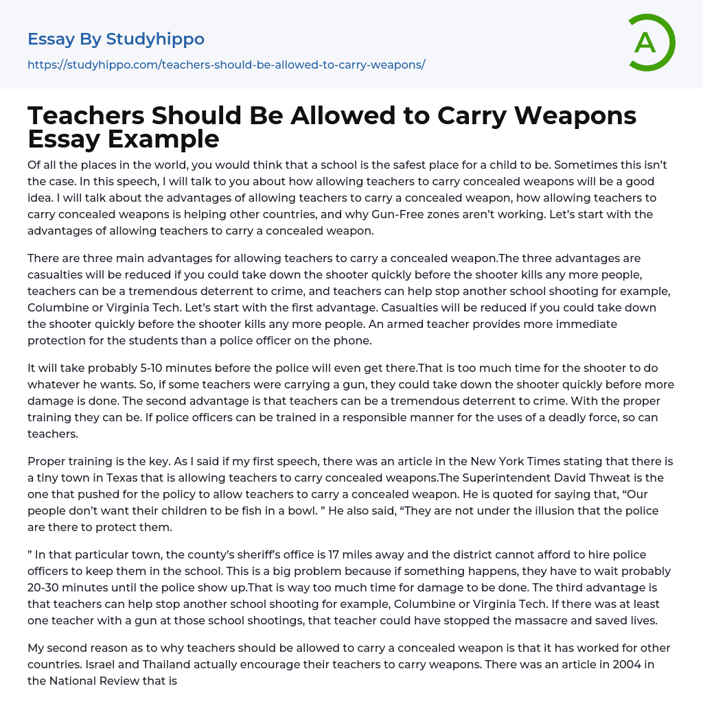 Teachers Should Be Allowed to Carry Weapons Essay Example