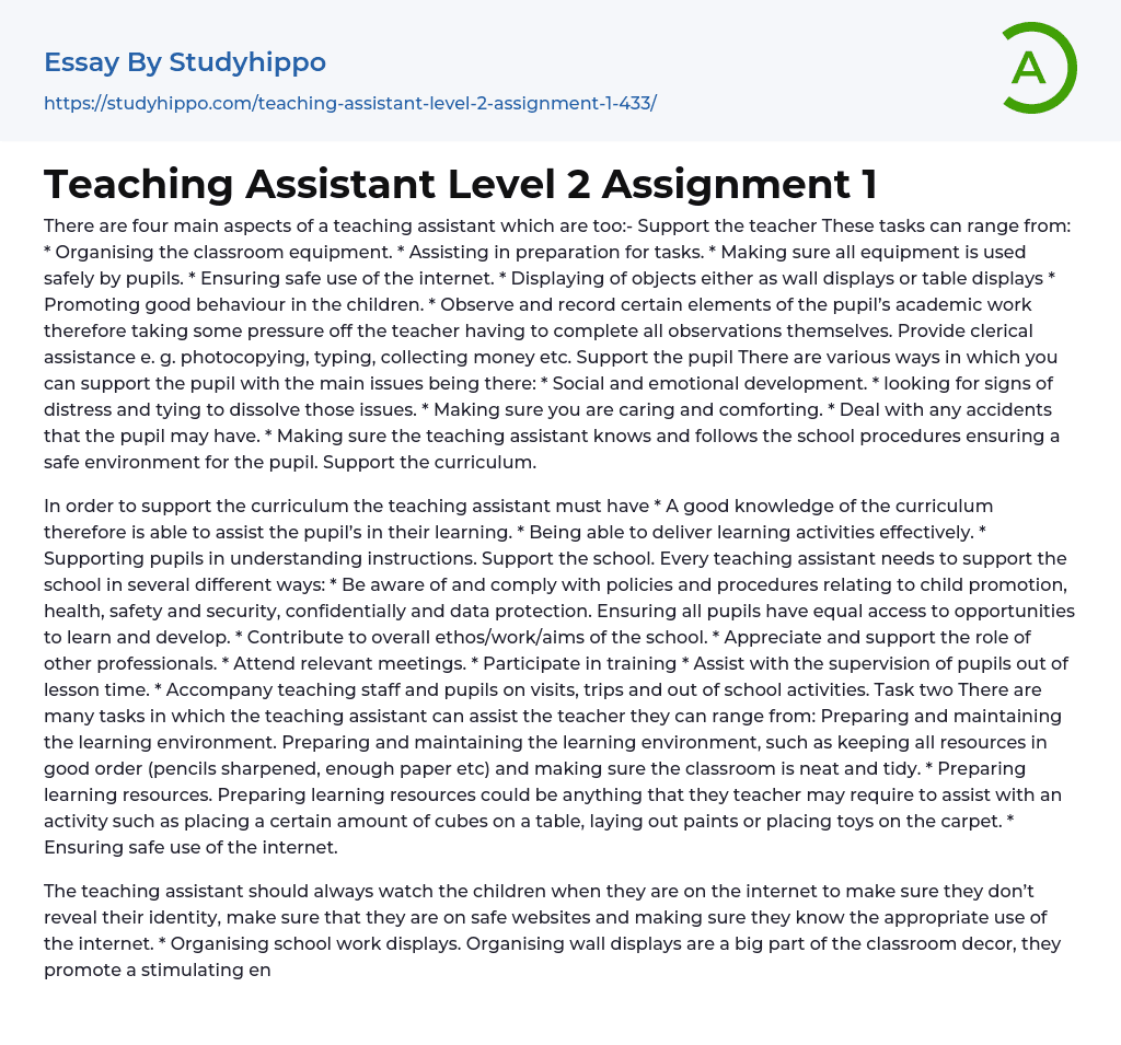 Teaching Assistant Level 2 Assignment 1 Essay Example