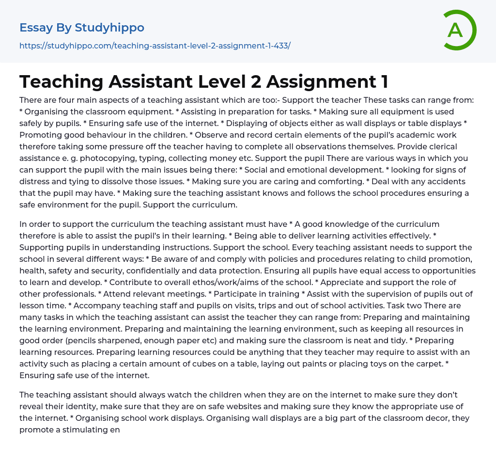 Teaching Assistant Level 2 Assignment 1 Essay Example StudyHippo