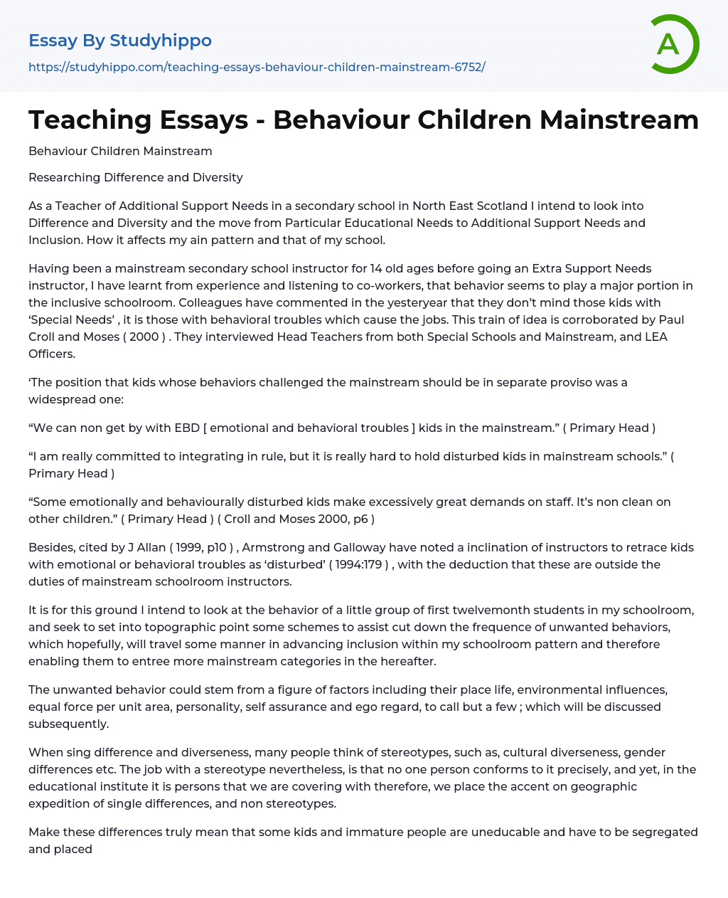 Teaching Essays – Behaviour Children Mainstream