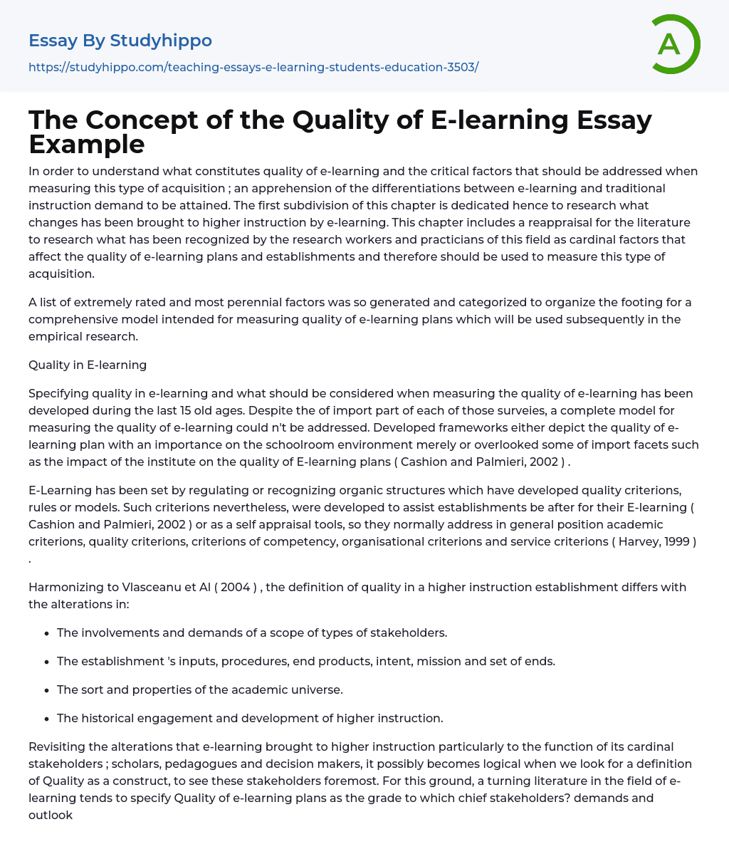 The Concept of the Quality of E-learning Essay Example