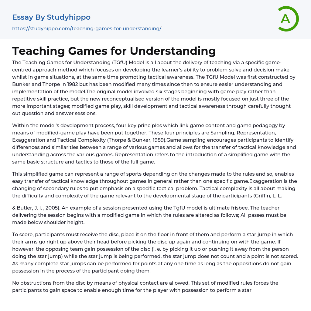 Teaching Games for Understanding Essay Example