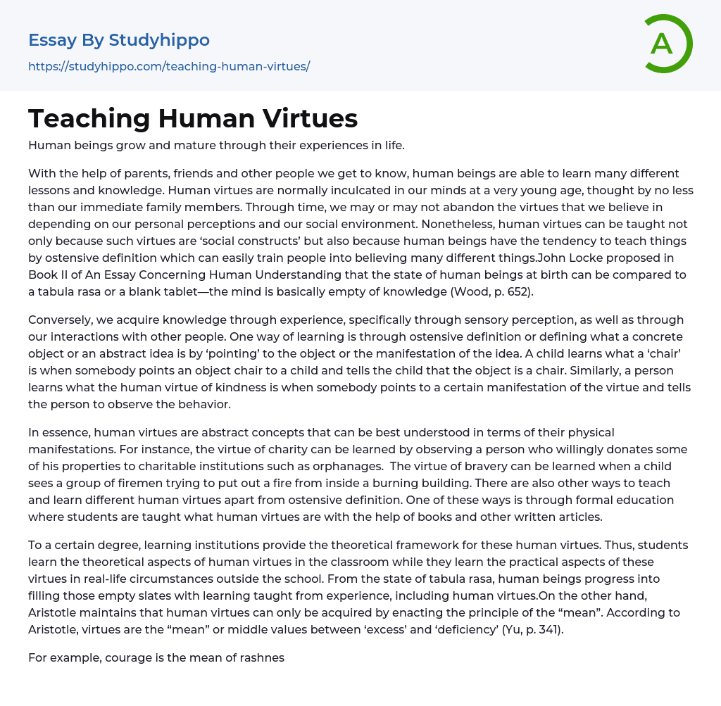 Teaching Human Virtues Essay Example