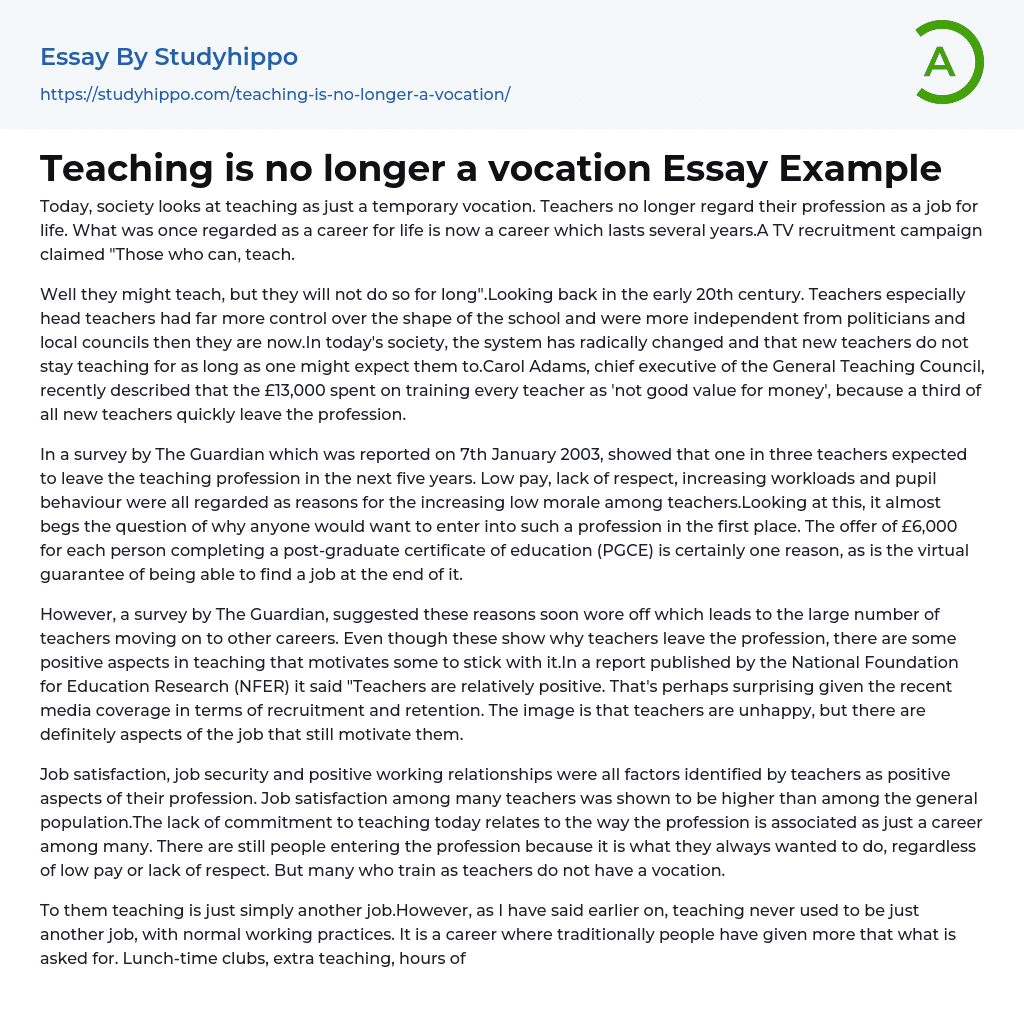 Teaching is no longer a vocation Essay Example